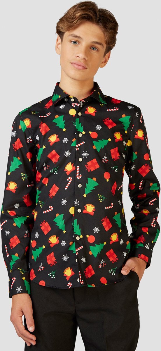 OppoSuits Christmas Icons Black - Tieners Kerst Overhemd - Kerst - Maat: 12 jaar