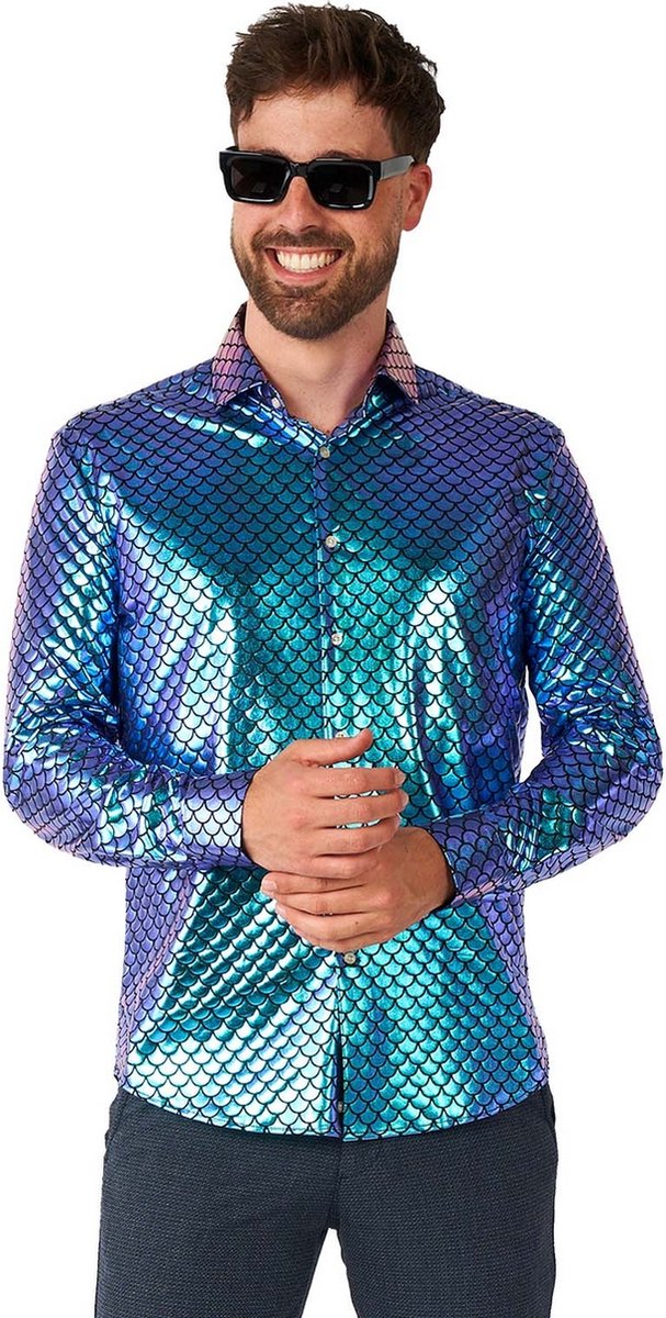 OppoSuits Shirt - Fancy Fish - Heren Carnaval en Halloween Party Overhemd - Glimmend Shirt - Blauw - Maat: XL