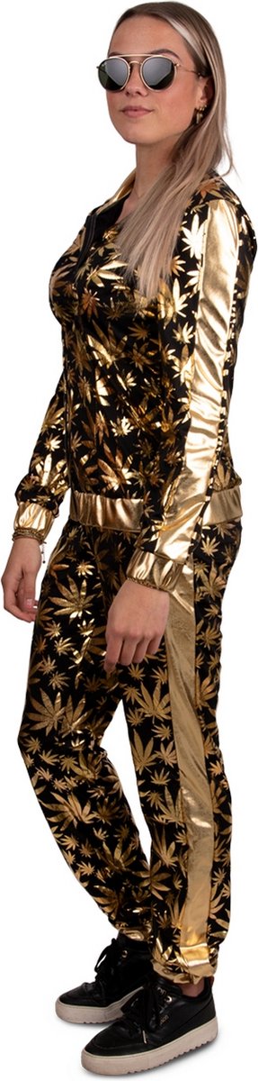 PartyXplosion - Hippie Kostuum - Retro Trainingspak Gouden Cannabizzyness - Vrouw - Goud - Maat 34 - Carnavalskleding - Verkleedkleding