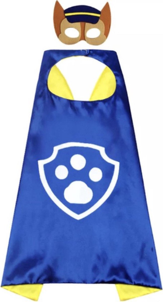 Paw Patrouille Verkleedkleding Chase Blauw - Cape en Masker - Politie Kostuum - Carnaval - Verkleedpak voor Kinderen - Patrol - Jongens en Meisjes - Halloween - Kinderfeestje - Mighty Pups - Mega Pups - Superhelden Kostuum - Verkleedpartijtje