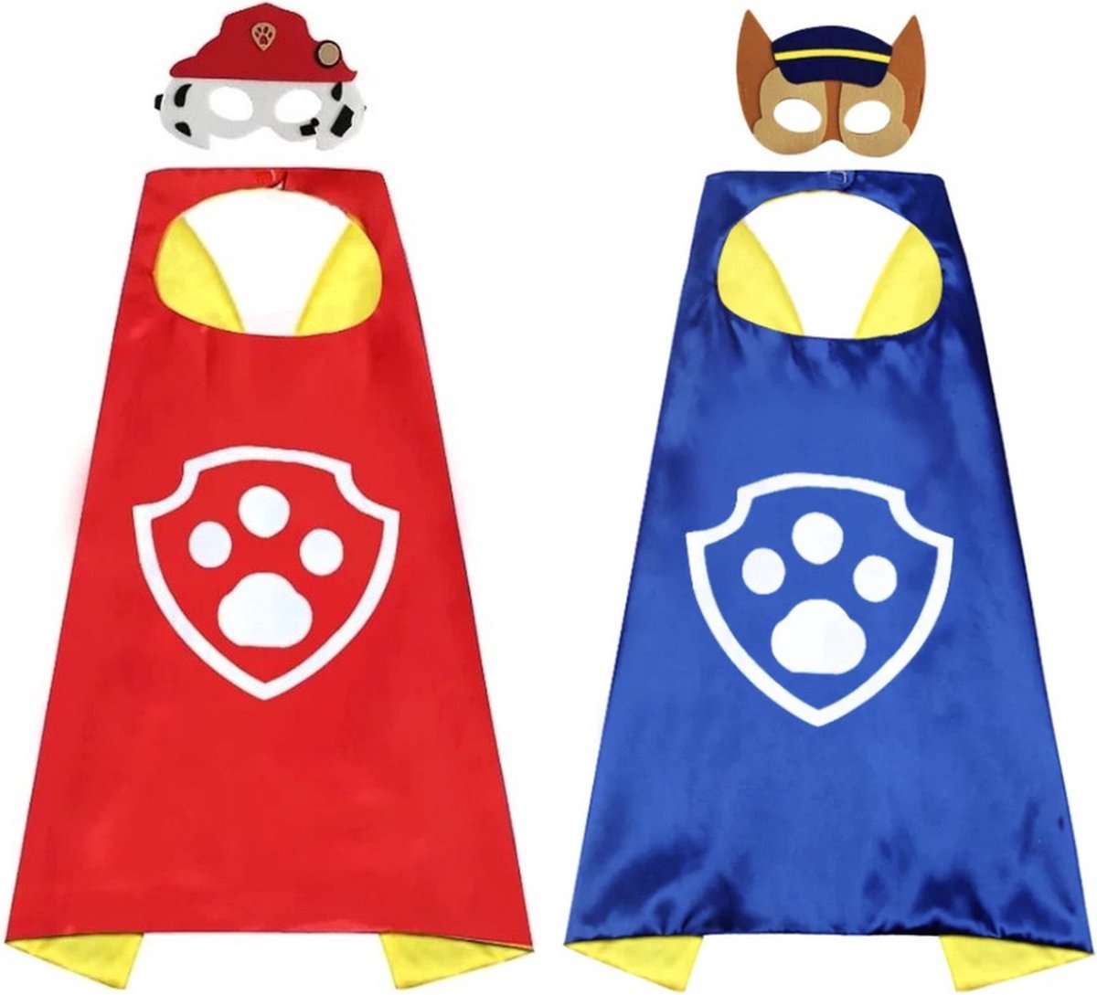 Paw Patrouille Verkleedkleding Chase & Marshall - Blauw & Rood - Cape en Masker - Politie & Brandweer Kostuum - Carnaval - Verkleedpak Kind - Patrol - Verkleedkleren Jongen Meisje Pak - Halloween - Verkleden - Kinderfeestje - Mighty Pups - Superheld