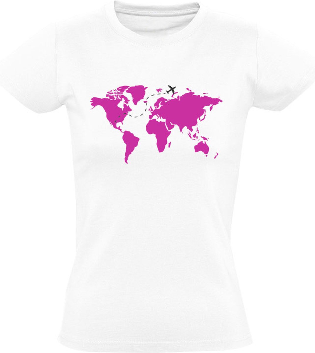 Roze wereldkaart met vliegtuig Dames T-vliegtuig - roze - design - wereldkaart - wereld - reizen - travel - hobby - waarnemen - mooi - reiziger