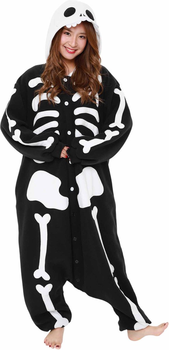 Skelet Onesie Pak Kostuum Outfit Huispak Jumpsuit Verkleedpak - Premium Verkleedkleding - Halloween & Carnaval - SAZAC - Kinderen & Volwassenen - Maat XL voor Lichaamslengte (175-195 cm)