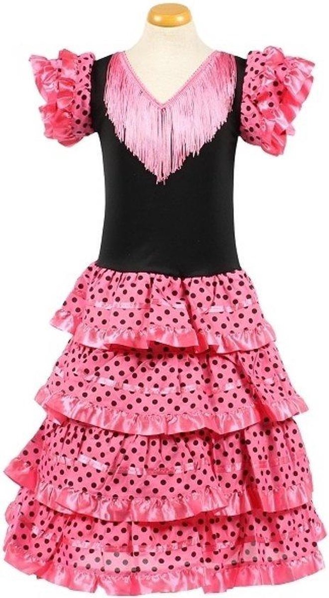 Spaanse jurk -flamenco jurk - roze/zwart - Maat 80/86 (2) - jurklengte 60 cm