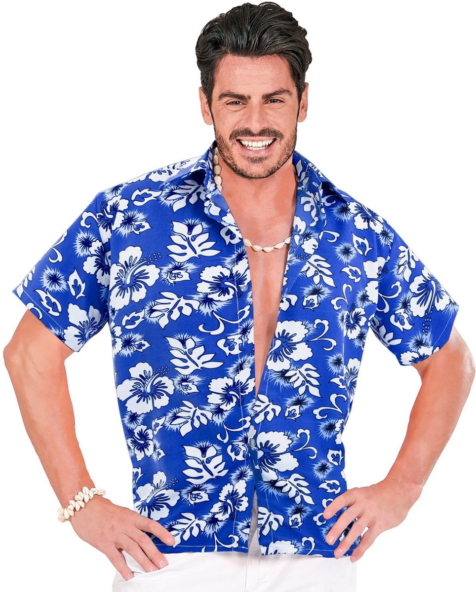 Widmann - Hawaii & Carribean & Tropisch Kostuum - Hawaii Shirt Blauw Man - Blauw - Medium / Large - Carnavalskleding - Verkleedkleding