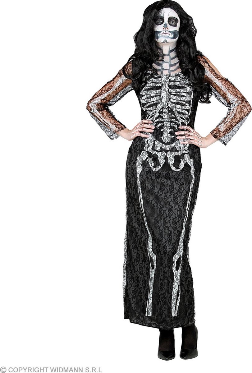 Widmann - Spook & Skelet Kostuum - Elegante Uitgemergelde Skeletta - Vrouw - Zwart / Wit - XL - Halloween - Verkleedkleding