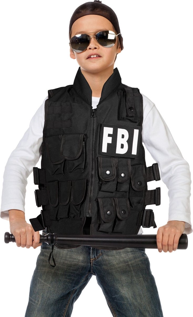 Wilbers & Wilbers - Politie & Detective Kostuum - Fbi Luxe Vest Jongen Kind - Zwart - Maat 152 - Carnavalskleding - Verkleedkleding