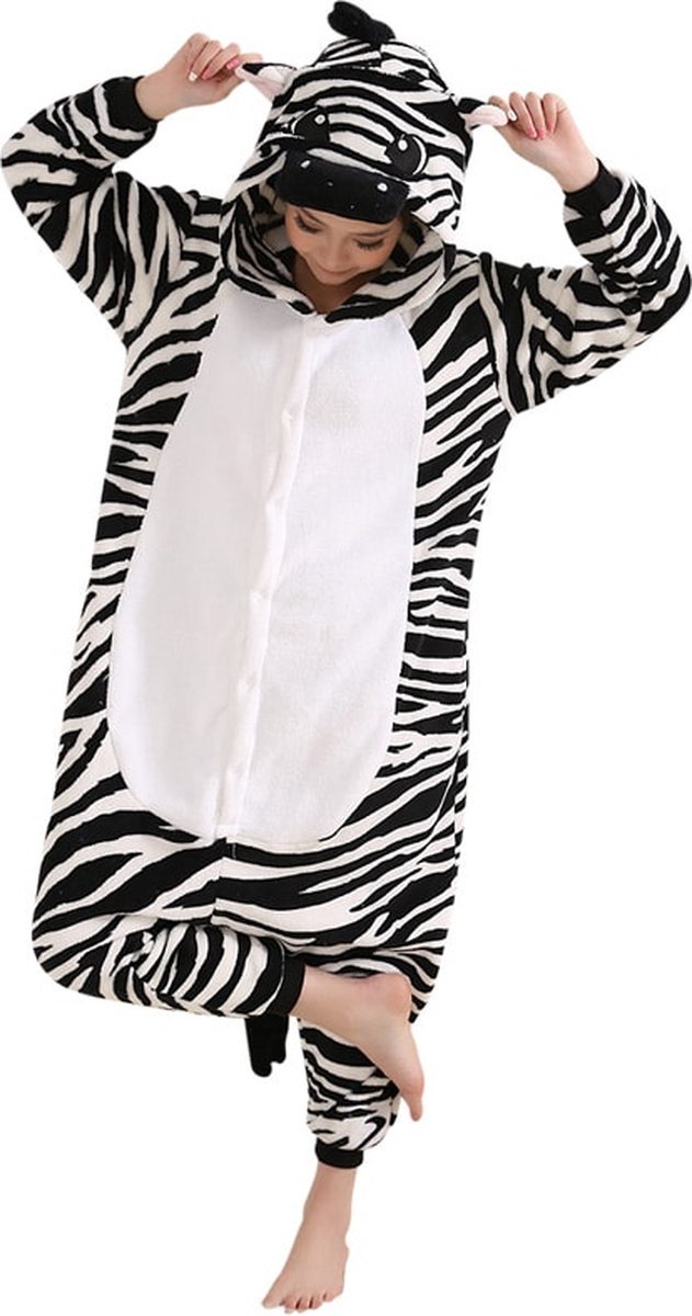 Zebra Onesie Pak Kostuum Outfit Huispak Jumpsuit Verkleedpak - Verkleedkleding - Halloween & Carnaval - SnugSquad - Kinderen & Volwassenen - Unisex - Maat XS voor Lichaamslengte (138 - 145 cm)