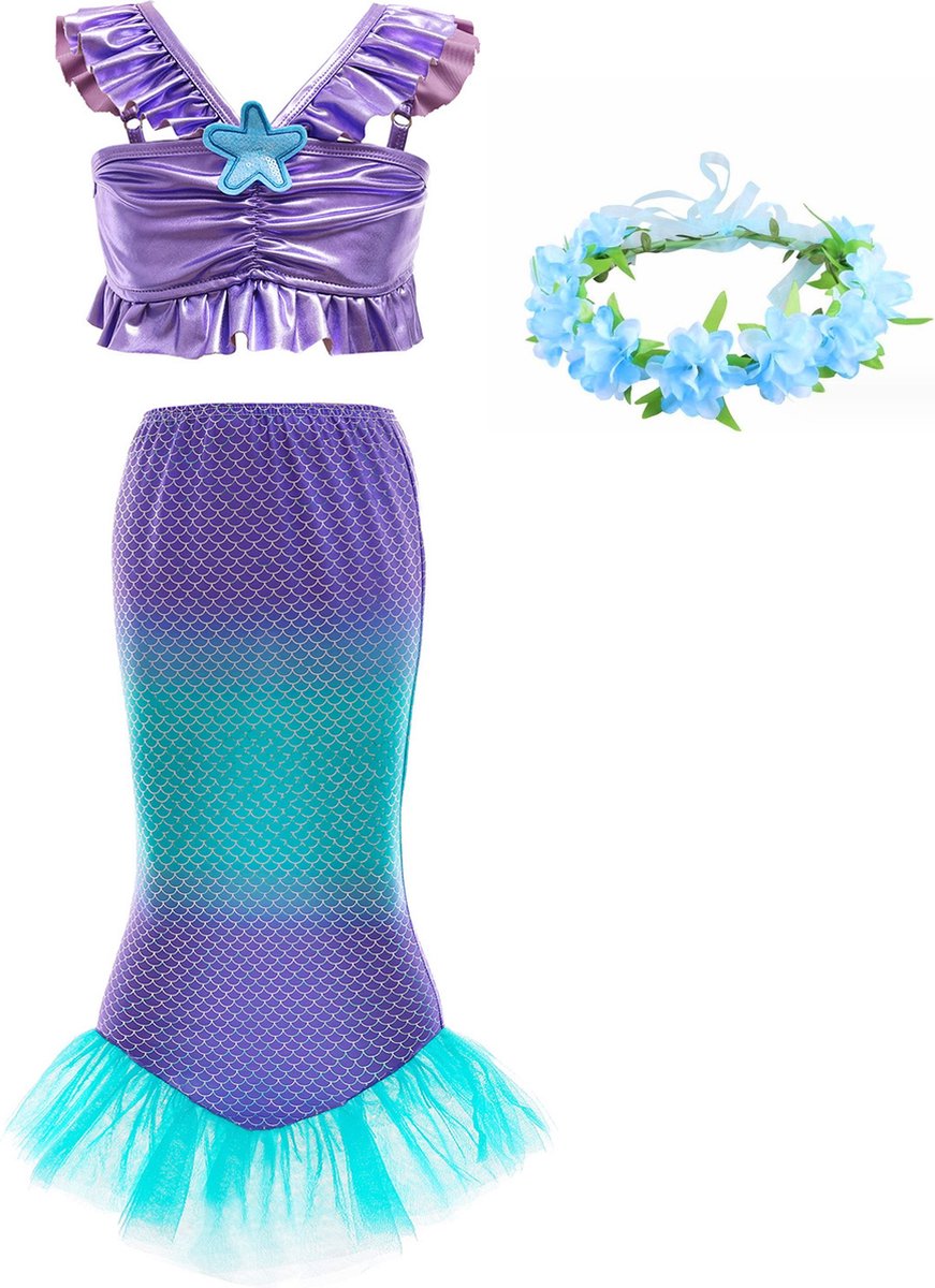 Zeemeermin jurk Mermaid Prinsessenjurk Maat 92/98 (100) + krans / verkleedkleren verjaardag meisje cadeau Sinterklaas