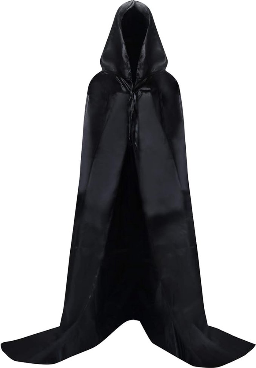 Zwarte Lange Satijn Cape met Capuchon Unisex Volwassen Kostuum Mantel Magere Hein Vampier Halloween Carnaval Zwart