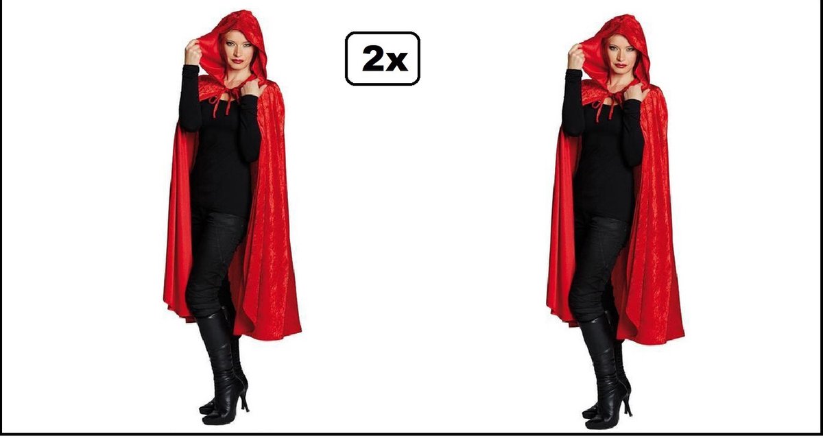 2x Lange cape met kap in rood imitatie fluweel - Horror halloween cape creepy griezel dracula