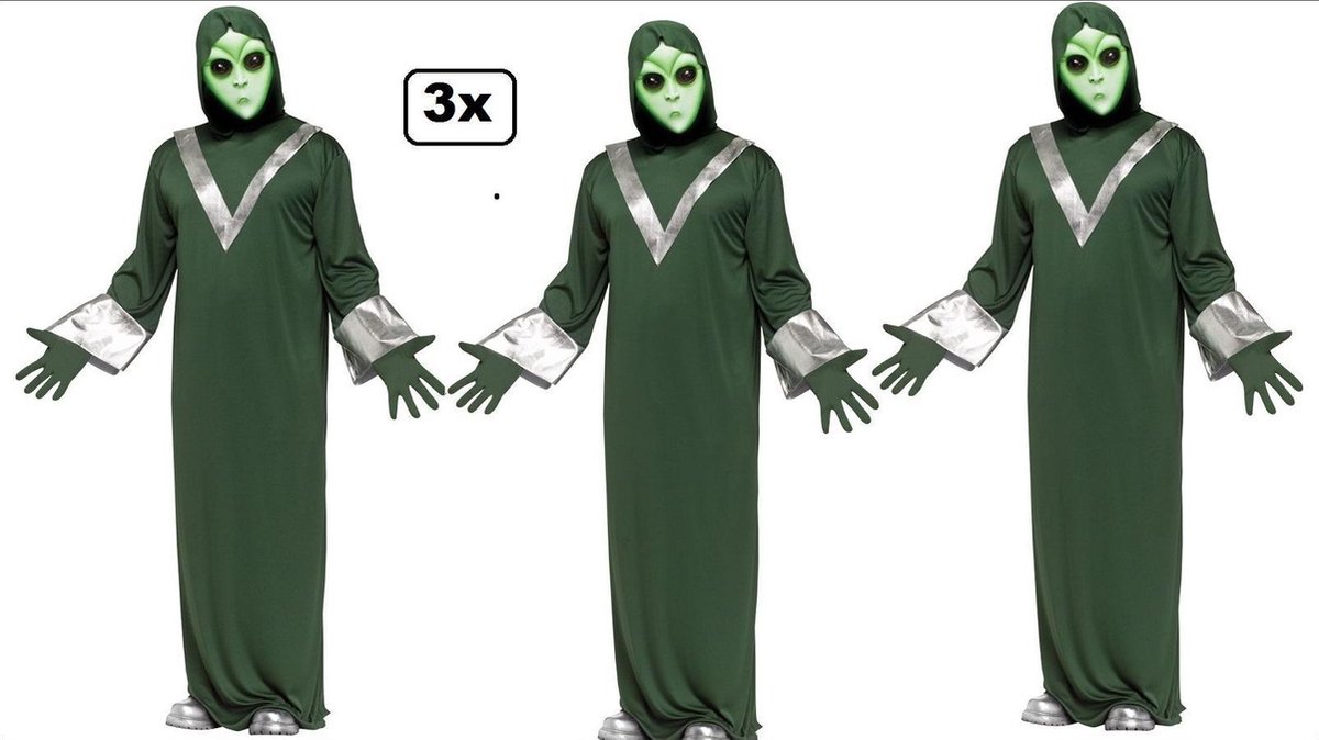 3x Alien kostuum met masker mt.M/L - Halloween horror thema feest Aliens creepy festival