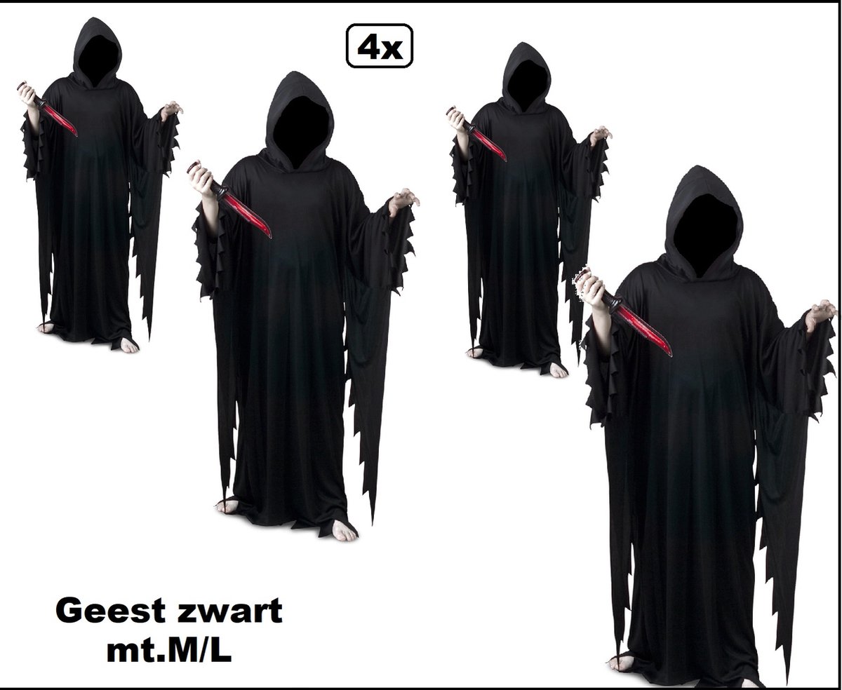 4x Gewaad geest met capuchon zwart mt.M/L - Groepsdeal - Horror halloween griezel creepy scary scream