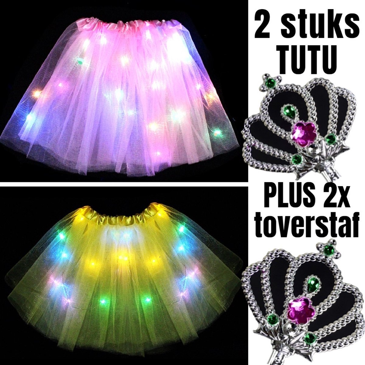 Allernieuwste.nl® 2 STUKS Tutu Kinder Rokje met Gekleurde Lichtjes PLUS 2 STUKS Toverstaf - Kinder Petticoat - 2 Stuks:ROZE + GEEL