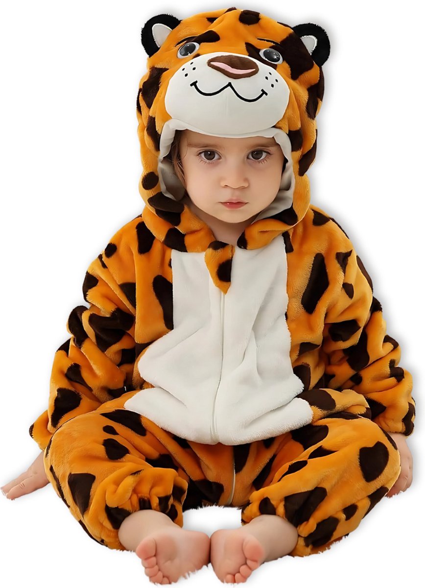 BoefieBoef Dieren Baby Onesie Peuter Pyjama Kinderen 6 maanden tot 2 jaar - Kerst - Verkleedpak met Luierrits - Carnaval, Halloween, Kraamcadeau - Flanel - Romper - Boxpak - Jongens - Meisjes - Kruippak - Winterpak - Panter - Poema - Oranje Bruin