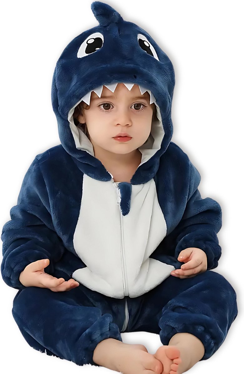 BoefieBoef Dieren Baby Onesie Peuter Pyjama Kinderen 6 maanden tot 2 jaar - Kerst - Verkleedpak met Luierrits - Carnaval, Halloween, Kraamcadeau - Flanel - Romper - Boxpak - Jongens - Meisjes - Kruippak - Winterpak - Haai - Blauw - Shark