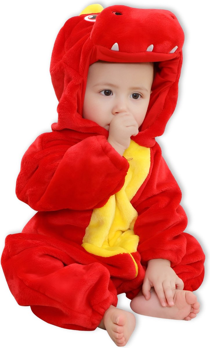 BoefieBoef Dieren Baby Onesie Peuter Pyjama Kinderen 6 maanden tot 2 jaar - Kerst - Verkleedpak met Luierrits - Voor Carnaval, Halloween, Kraamcadeau - Flanel - Romper - Boxpak - Jongens - Meisjes - Kruippak - Winterpak - Dinosaurus - Rood Geel