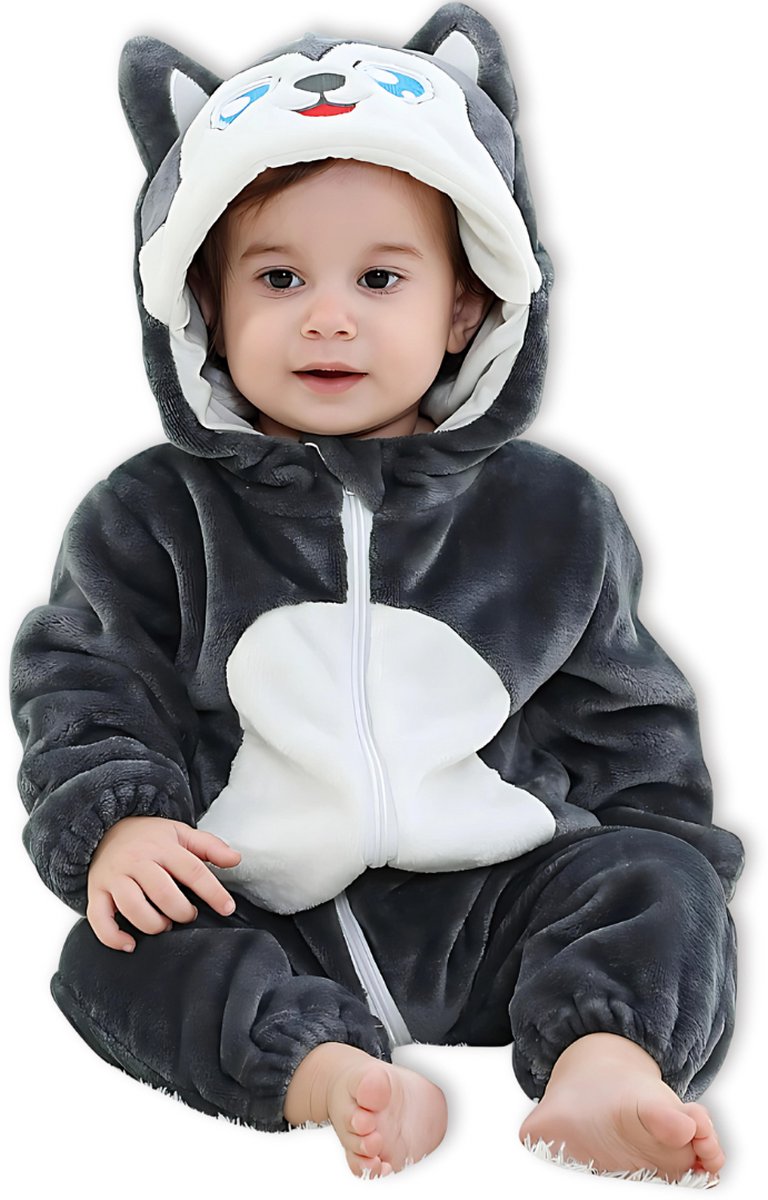 BoefieBoef Dieren Kleuter Onesie Peuter Pyjama Kinderen 2 tot 4 jaar - Verkleedpak met Luierrits - Voor Carnaval Halloween - Cadeau tip - Superzacht Flanel - Baby Romper - Boxpak - Jongens - Meisjes - Kruippak - Winterpak - Wolf Grijs Hond Dog Animal