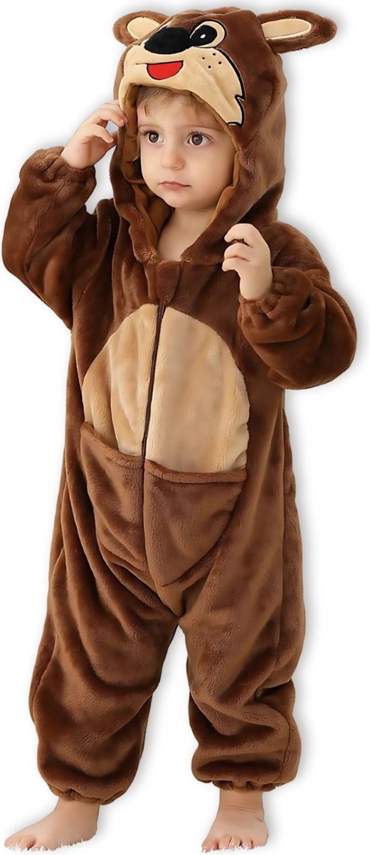 BoefieBoef Dieren Kleuter Onesie Peuter Pyjama Kinderen 2 tot 4 jaar - Verkleedpak met Luierrits - Voor Carnaval Halloween - Cadeau tip - Superzacht Flanel - Baby Kerst - Boxpak - Jongen - Meisje - Kruippak - Winterpak - Kangoeroe - Bruin