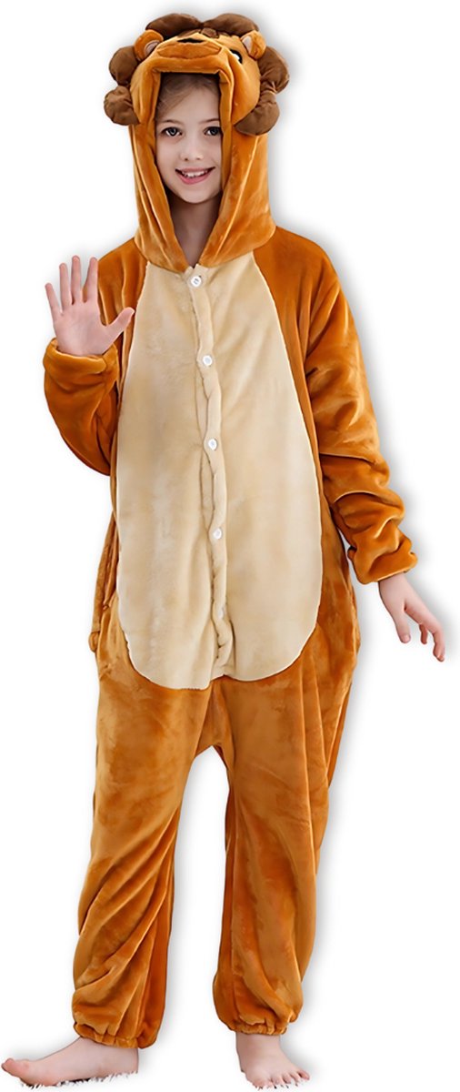 BoefieBoef Dieren Onesie Verkleedpak Kinderen 10-14 jaar - Comfortabele Kostuum Pyjama - Maat 140 tot 160 - Dierenpak voor Jongens en Meisjes - Feest, Carnaval of Halloween Verkleedkleding - Kerst, Sinterklaas of Verjaardag Cadeau - Leeuw Bruin