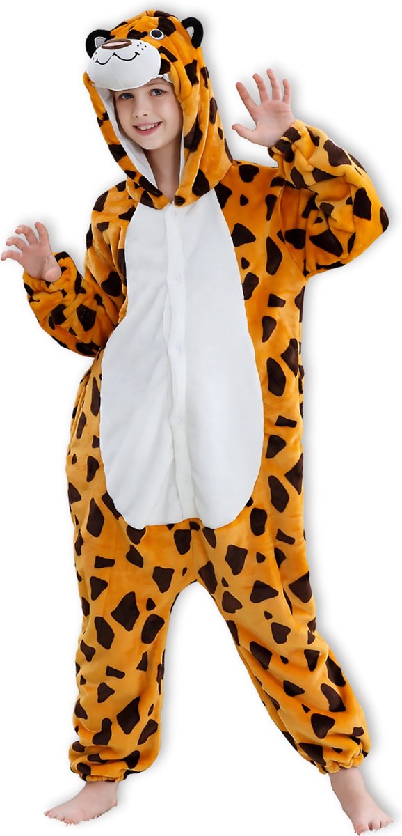 BoefieBoef Dieren Onesie Verkleedpak Kinderen 10-14 jaar - Comfortabele Kostuum Pyjama - Maat 140 tot 160 - Dierenpak voor Jongens en Meisjes - Feest, Carnaval of Halloween Verkleedkleding - Kerst, Sinterklaas of Verjaardag Cadeau - Panter Oranje