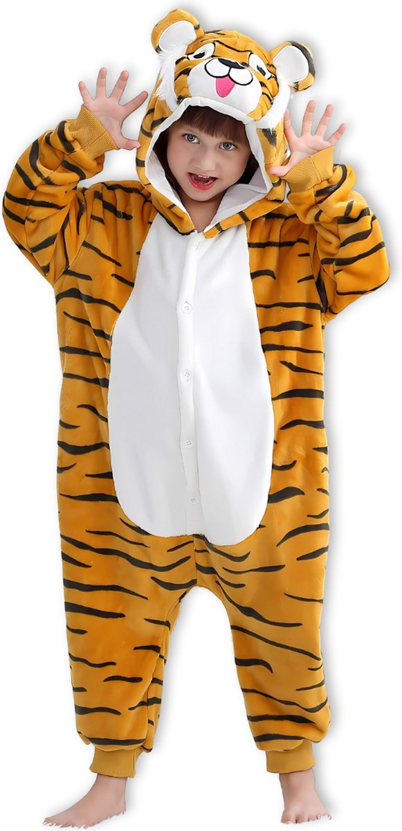 BoefieBoef Dieren Onesie Verkleedpak Kinderen 10-14 jaar - Comfortabele Kostuum Pyjama - Maat 140 tot 160 - Dierenpak voor Jongens en Meisjes - Feest, Carnaval of Halloween Verkleedkleding - Kerst, Sinterklaas of Verjaardag Cadeau - Tijger Oranje