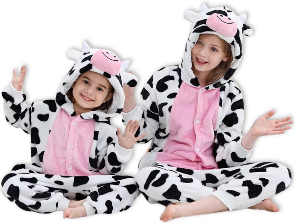 BoefieBoef Dieren Onesie Verkleedpak Kinderen 5-9 jaar - Comfortabele Kostuum Pyjama - Maat 120 tot 140 - Dierenpak voor Jongens en Meisjes - Feest, Carnaval of Halloween Verkleedkleding - Kerst, Sinterklaas of Verjaardag Cadeau - Koe wit zwart