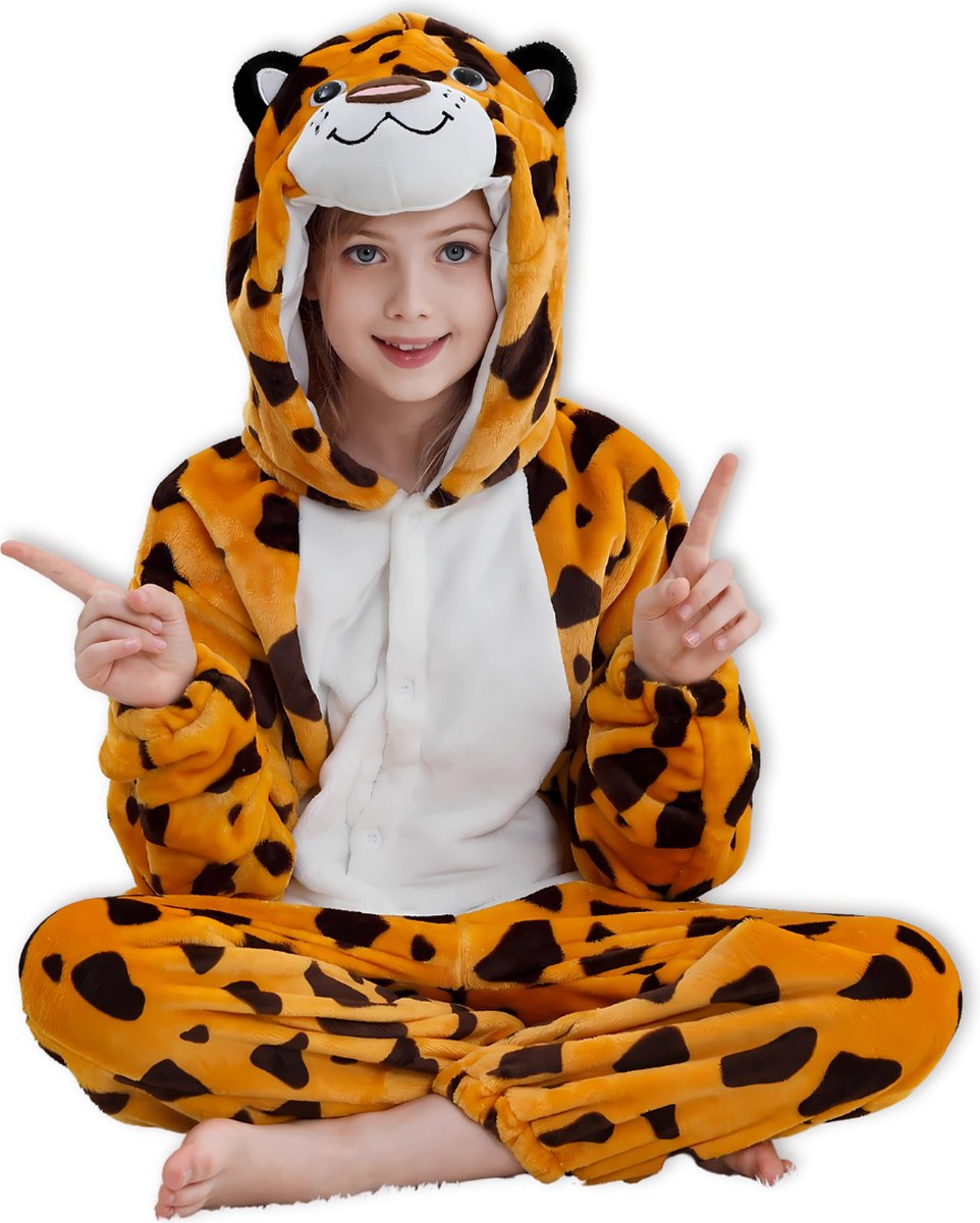 BoefieBoef Dieren Onesie Verkleedpak Kinderen 5-9 jaar - Comfortabele Kostuum Pyjama - Maat 120 tot 140 - Dierenpak voor Jongens en Meisjes - Feest, Carnaval of Halloween Verkleedkleding - Kerst, Sinterklaas of Verjaardag Cadeau - Panter Oranje