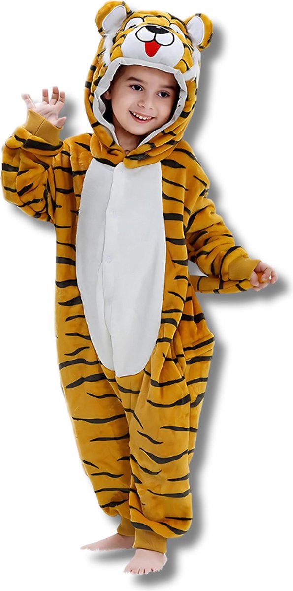 BoefieBoef Dieren Onesie Verkleedpak Kinderen 5-9 jaar - Comfortabele Kostuum Pyjama - Maat 120 tot 140 - Dierenpak voor Jongens en Meisjes - Feest, Carnaval of Halloween Verkleedkleding - Kerst, Sinterklaas of Verjaardag Cadeau - Tijger Oranje