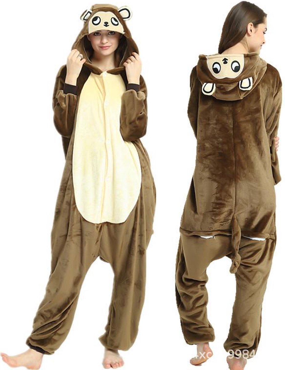 Bruine aap onesie maat 134/140 - Dieren - Verkleedkleren - kinderen - jongens - meisjes - Huispak