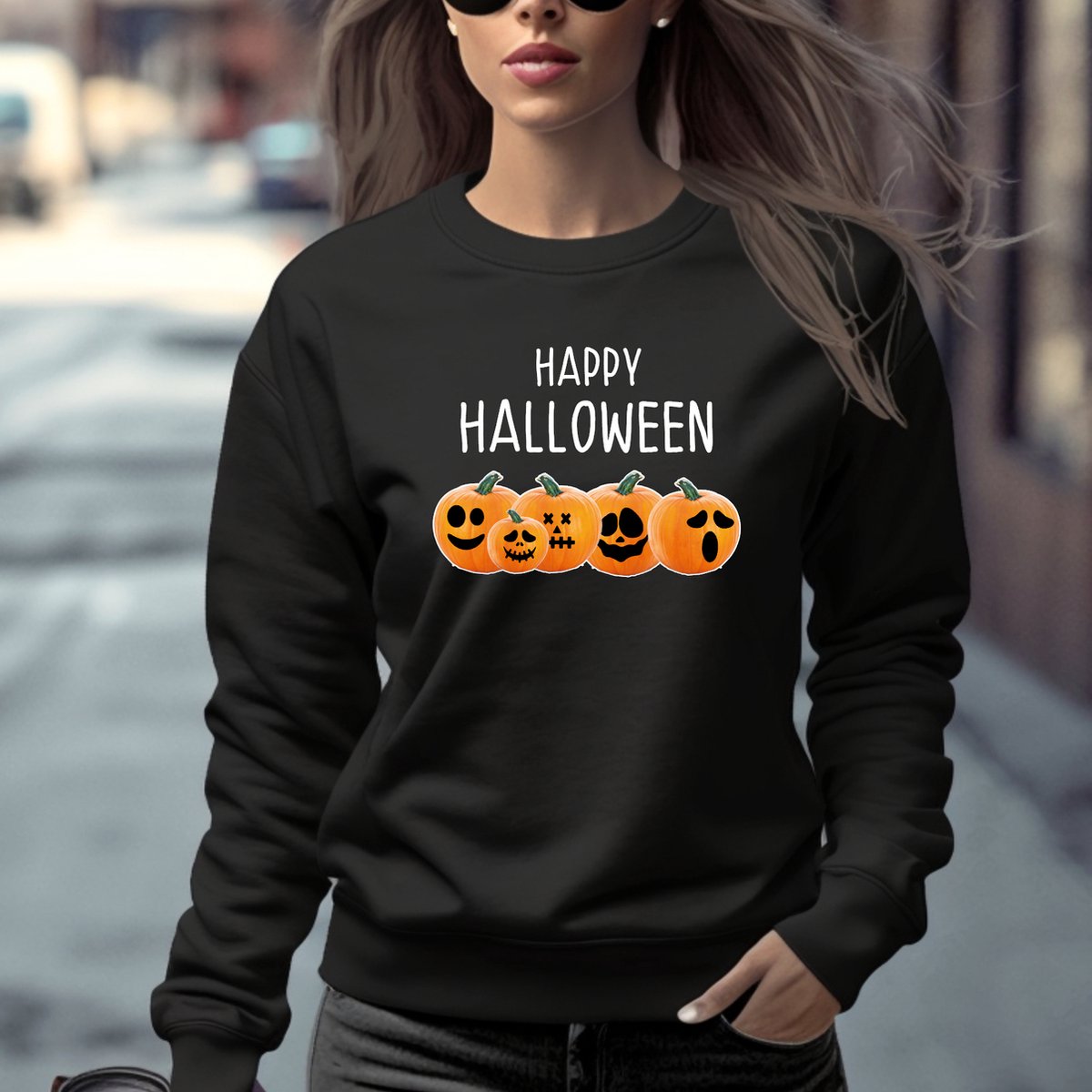 Dames sweater- Happy Halloween- zwarte trui- Maat L