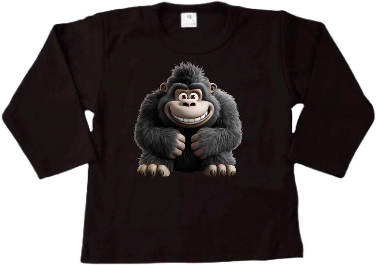 Dieren gorilla aap-T-shirt meisje-T-shirt jongen-met lange mouwen-Zwart-Vrolijke print dieren-Maat 104