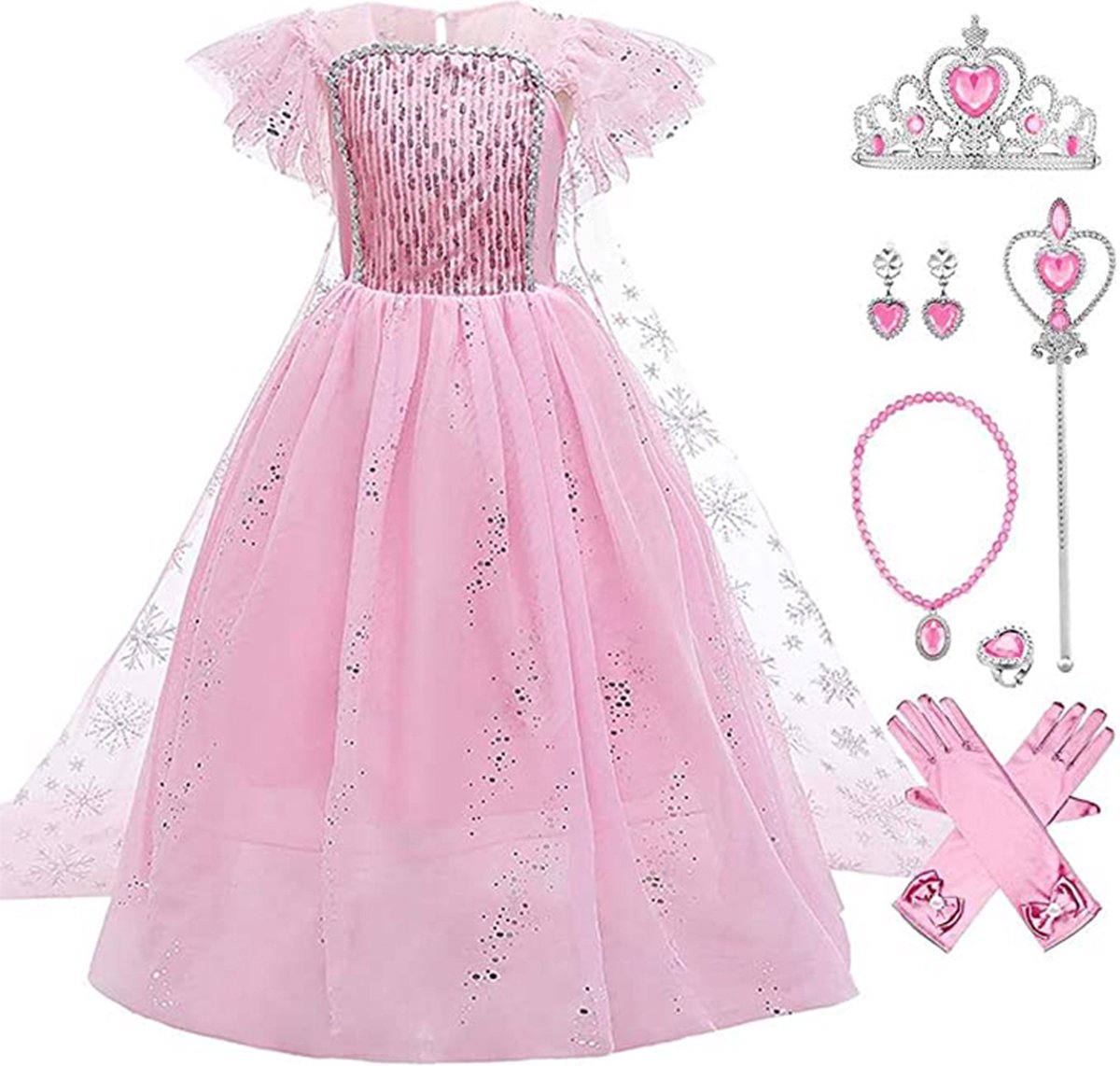 Elsa jurk - roze prinsessenjurk meisje -Het Betere Merk - Prinsessen speelgoed - Carnavalskleding kinderen - Prinsessen verkleedkleding - 116/122 (130) - Juwelenset - Lange handschoenen - Prinsessenkroon - Tiara - Toverstaf - Kleed