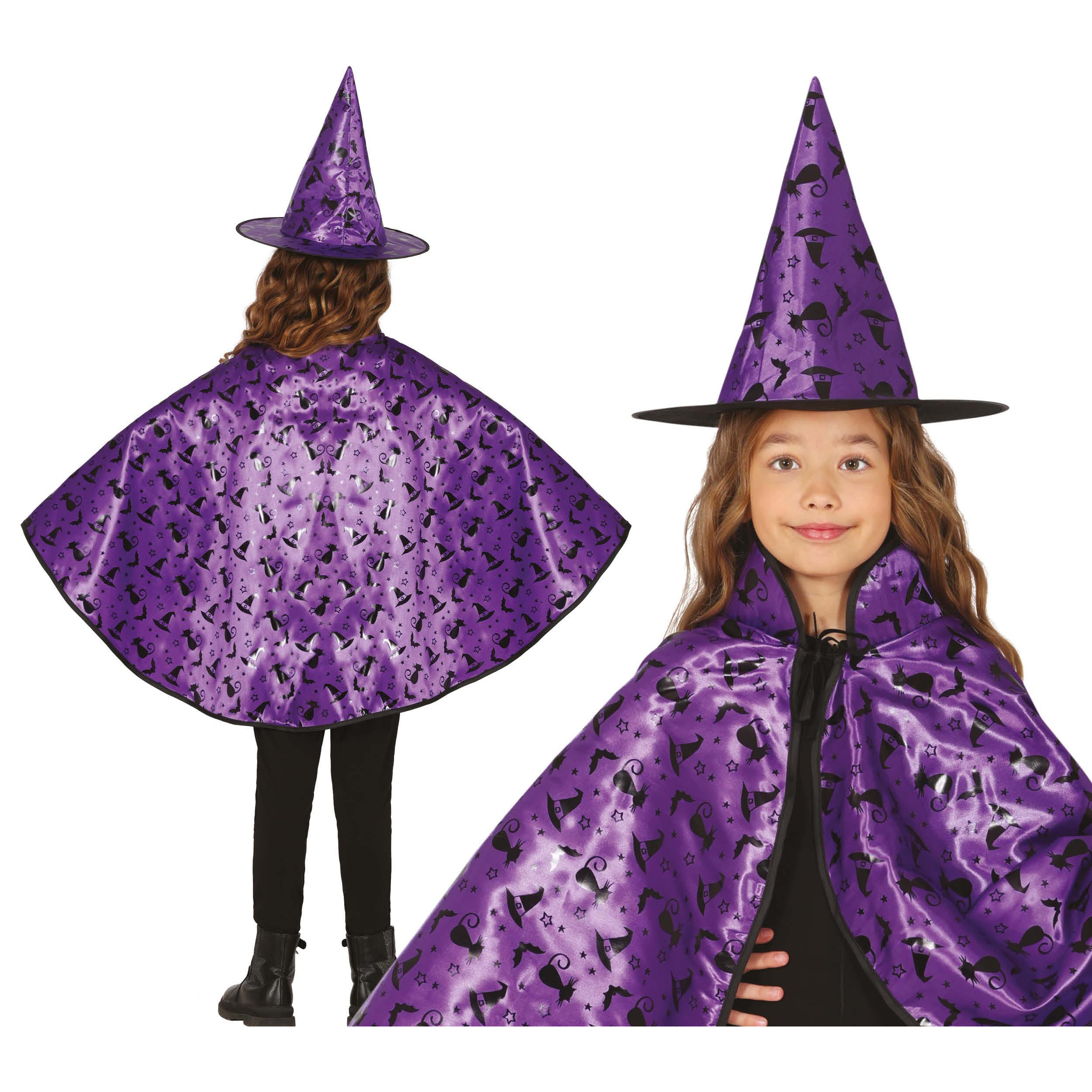 Fiestas Guirca Heksen verkleed setje voor kinderen - hoed en cape - paars - Halloween One size -