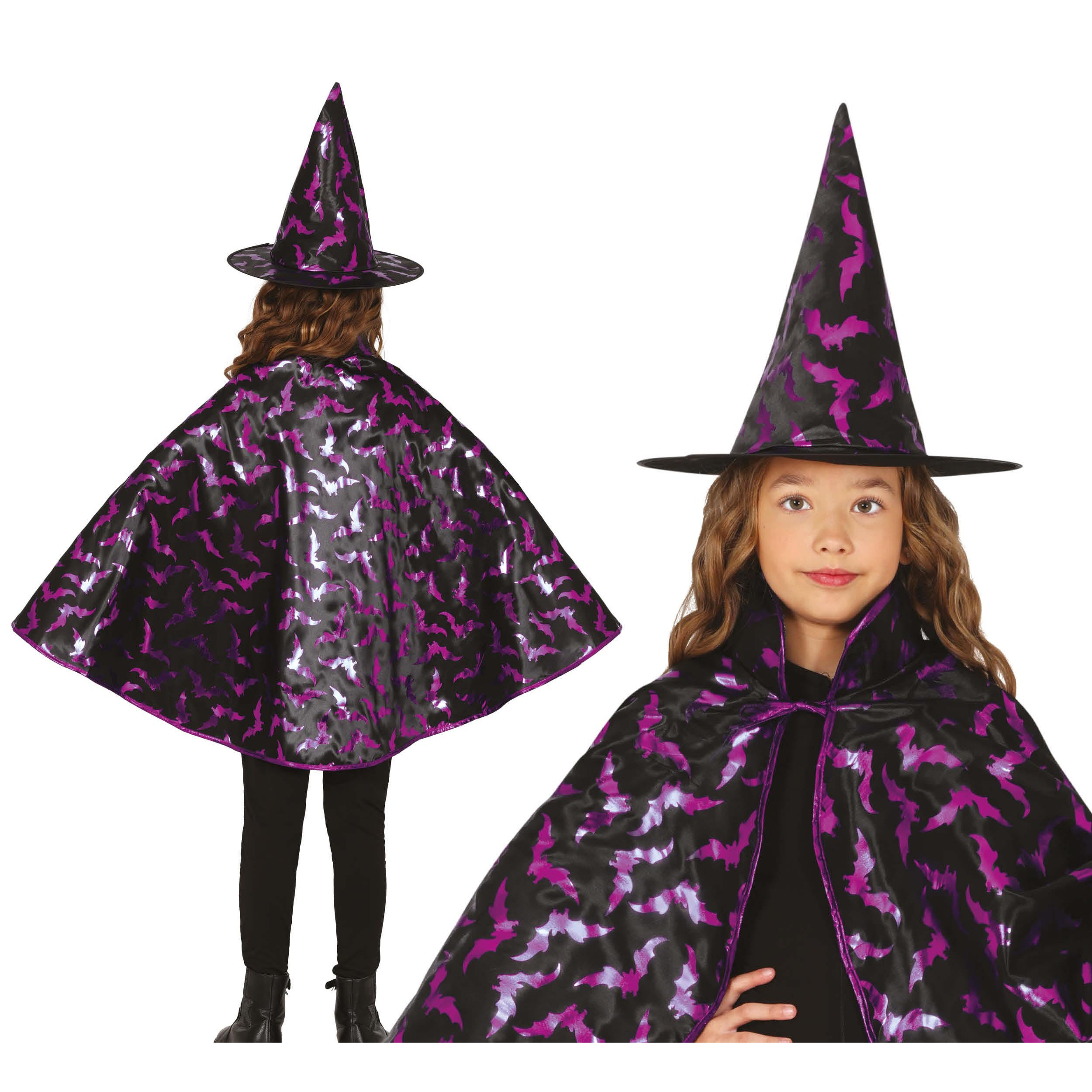 Fiestas Guirca Heksen verkleed setje voor kinderen - hoed en cape - zwart/paars - Halloween One size -