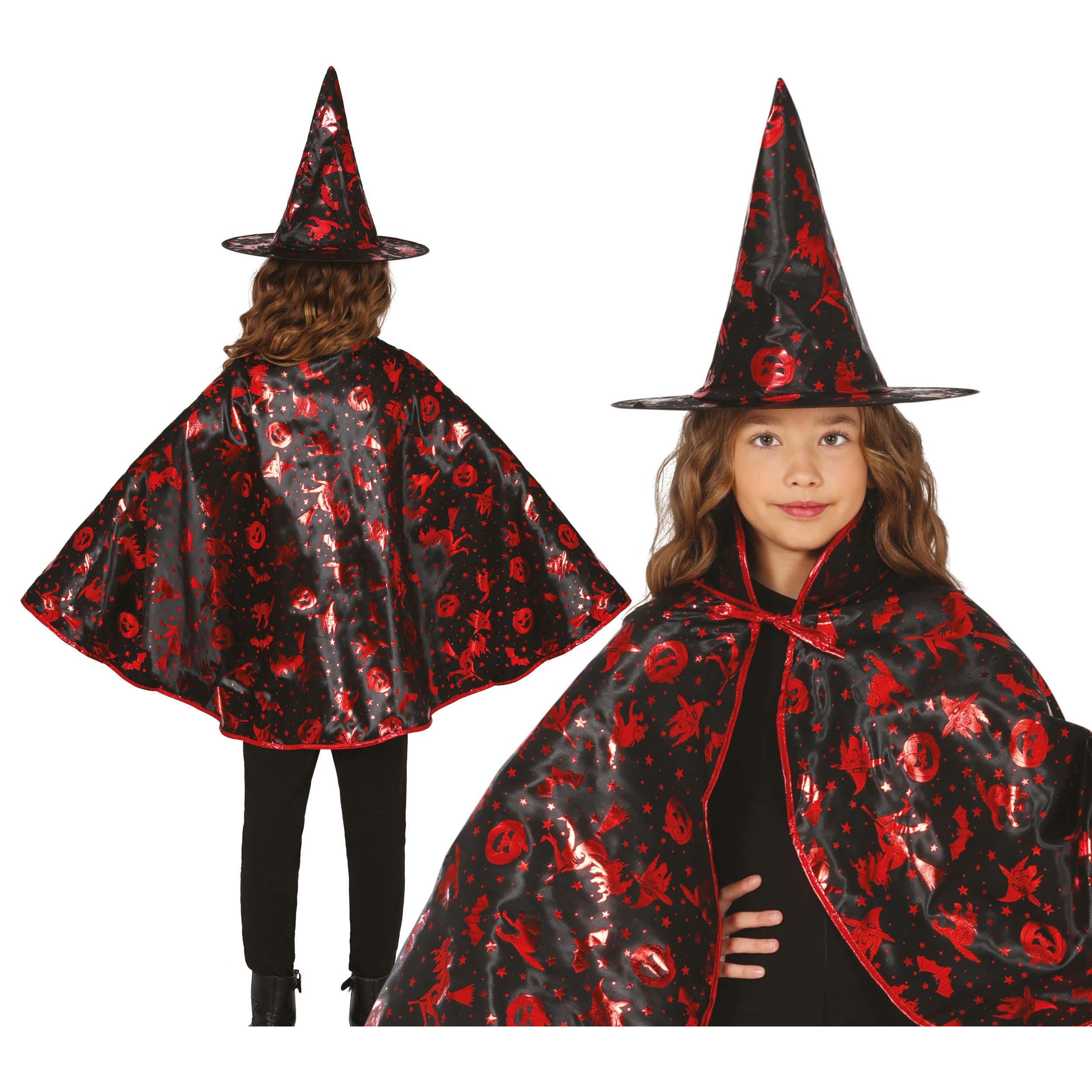 Fiestas Guirca Heksen verkleed setje voor kinderen - hoed en cape - zwart/rood - Halloween One size -