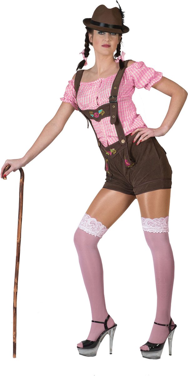 Funny Fashion - Boeren Tirol & Oktoberfest Kostuum - Roze-Wit Tiroler Hemd Vrouw - Roze - Maat 32-34 - Bierfeest - Verkleedkleding