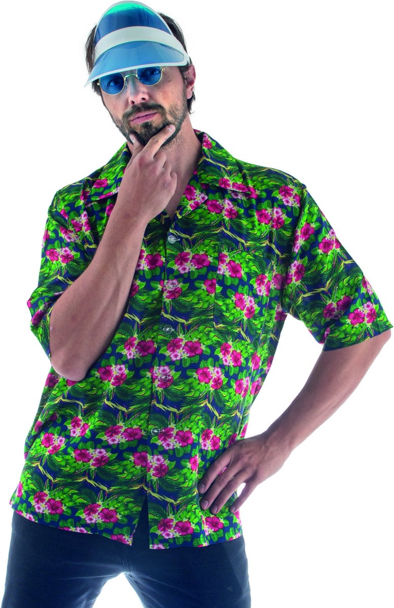 Funny Fashion - Hawaii & Carribean & Tropisch Kostuum - Hawaii Shirt Tropische Bloemen Man - Groen, Roze - Maat 48-50 - Carnavalskleding - Verkleedkleding