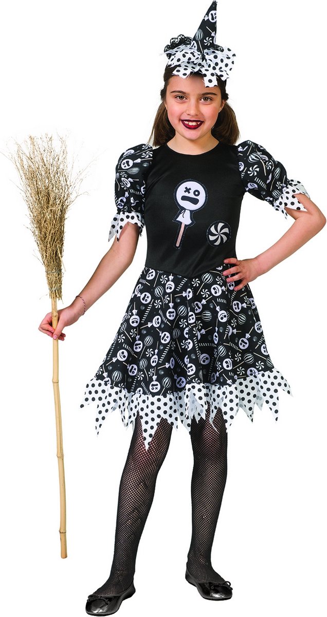 Funny Fashion - Heks & Spider Lady & Voodoo & Duistere Religie Kostuum - Verleidelijke Snoep Heks Enge Lollies - Meisje - - Maat 116 - Halloween - Verkleedkleding