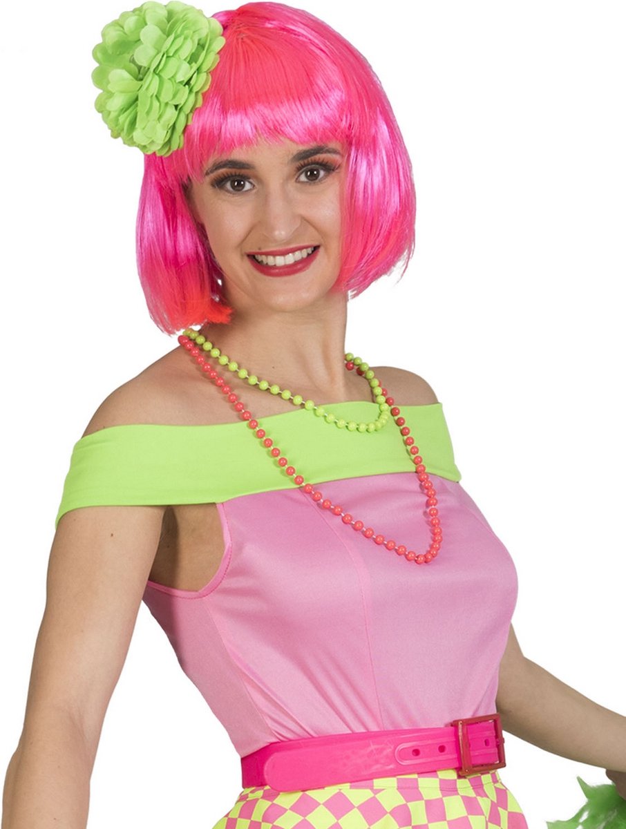 Funny Fashion - Jaren 50 Kostuum - Rockn Roll Top Blote Schouders Roze Vrouw - Groen, Roze - One Size - Carnavalskleding - Verkleedkleding