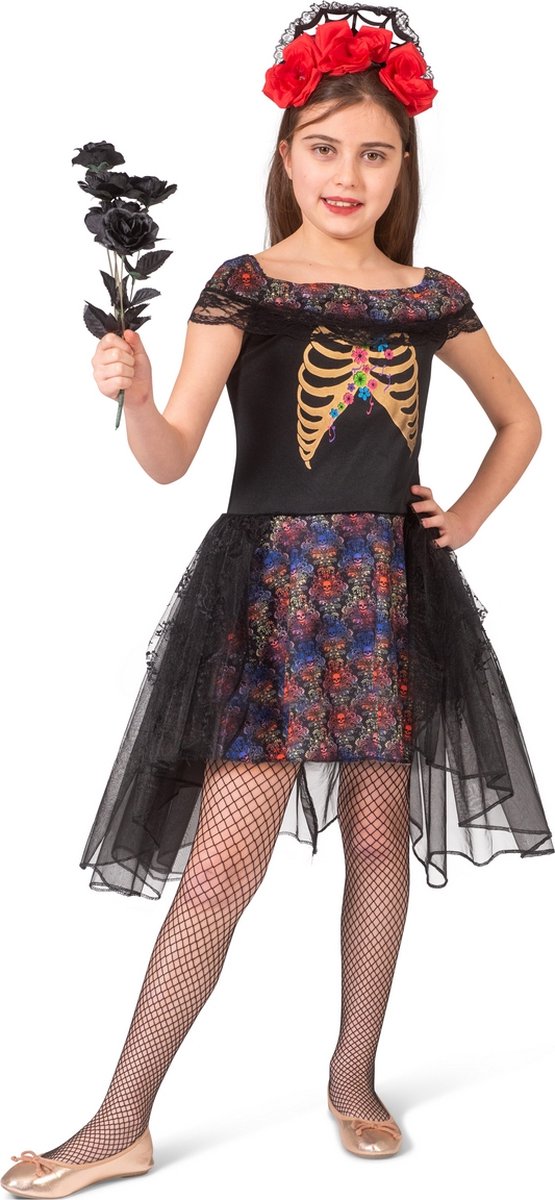 Funny Fashion - Spaans & Mexicaans Kostuum - Day Of The Dead Duistere Zwarte Bruid - Meisje - Zwart - Maat 128 - Halloween - Verkleedkleding