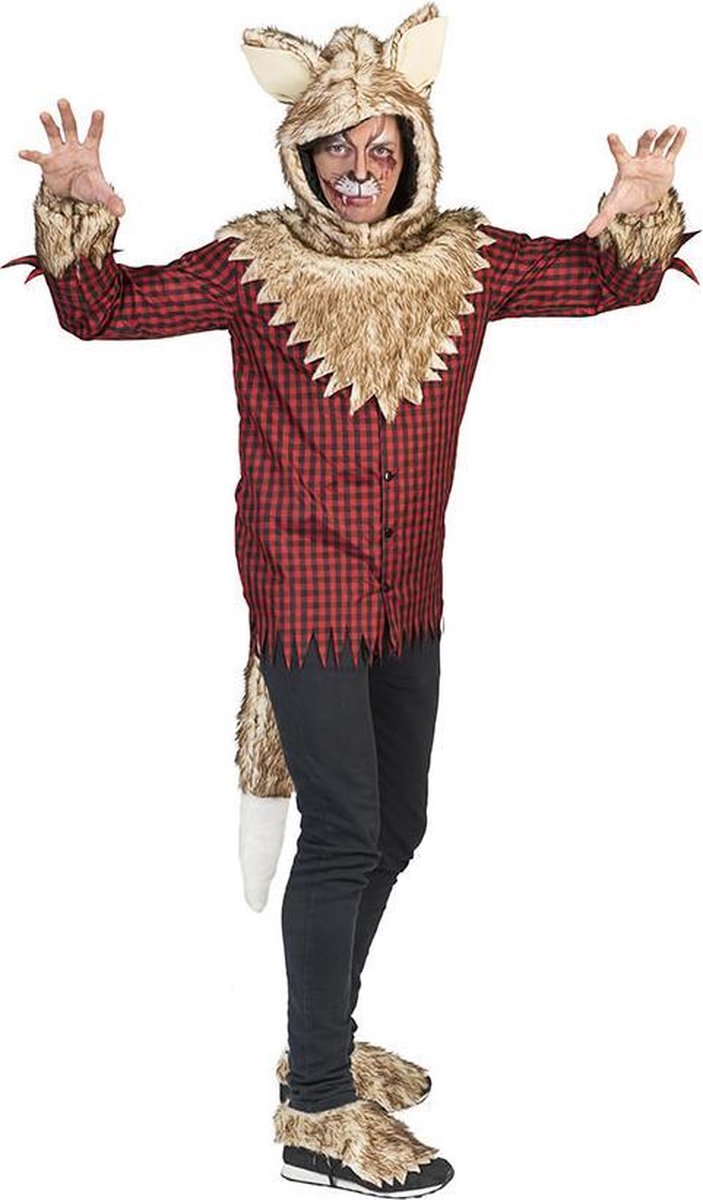 Funny Fashion - Weerwolf Kostuum - Waanzinnig Hongerige Weerwolf - Man - Rood, Bruin - Maat 56-58 - Halloween - Verkleedkleding