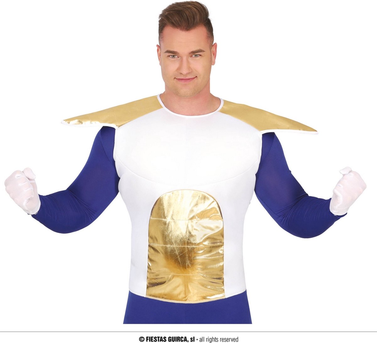 Guirca - Dragon Ball Z - Manga Space Dragon Vega Shirt - Blauw, Wit / Beige, Goud - Maat 48-50 - Carnavalskleding - Verkleedkleding