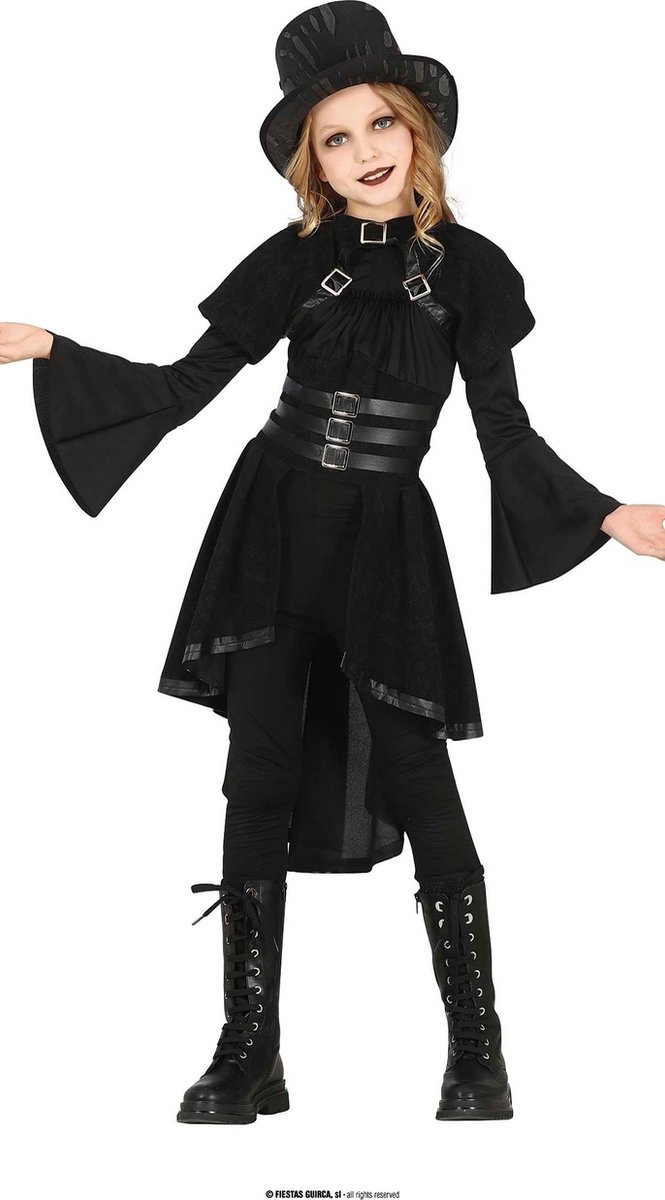 Guirca - Gotisch Kostuum - Gotische Gastvrouw Van Kasteel Dracupier - Meisje - Zwart - 7 - 9 jaar - Halloween - Verkleedkleding