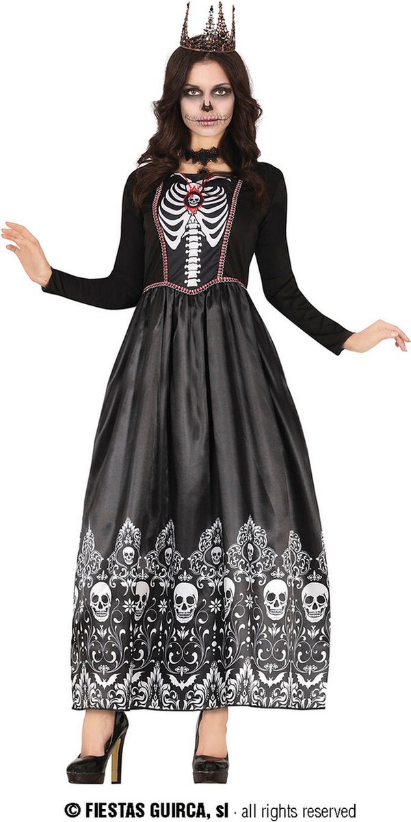 Guirca - Spaans & Mexicaans Kostuum - Koninklijke Queen Skullie - Vrouw - Zwart - Maat 42-44 - Halloween - Verkleedkleding