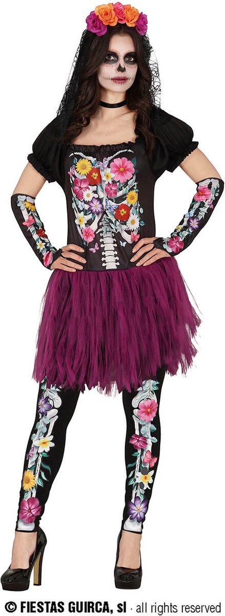 Guirca - Spaans & Mexicaans Kostuum - Vol Van Bloemen Skelet Florentina - Vrouw - Paars, Zwart - Maat 36-38 - Halloween - Verkleedkleding