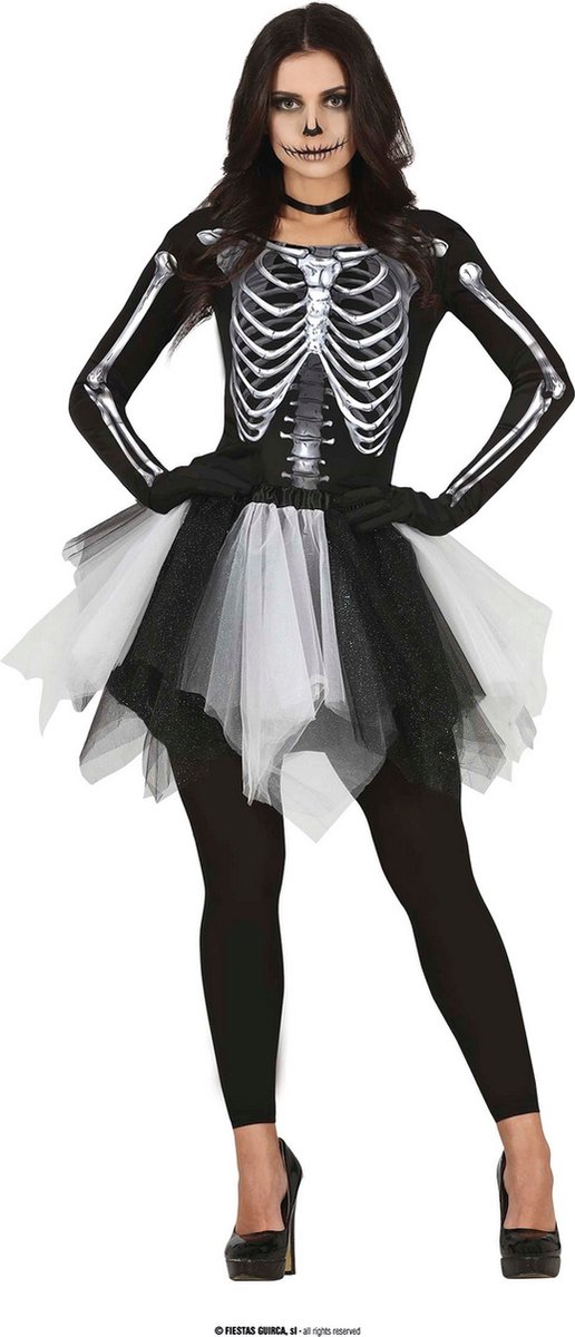 Guirca - Spook & Skelet Kostuum - Wachtend Op Succes Ballerina Skelet - Vrouw - Zwart / Wit - Maat 38-40 - Halloween - Verkleedkleding