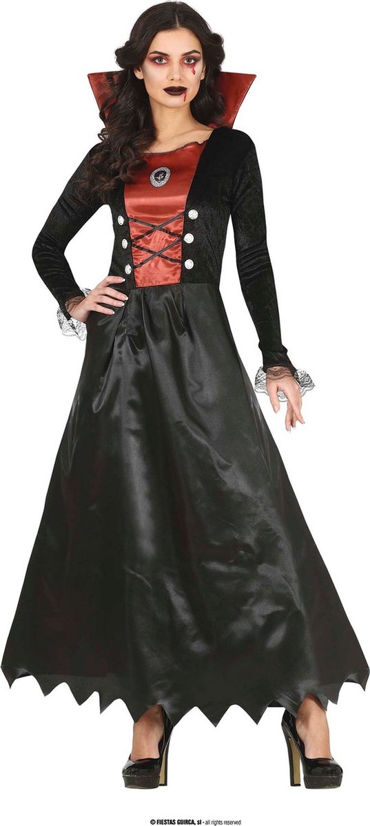 Guirca - Vampier & Dracula Kostuum - Gotische Vamperina Ina - Vrouw - Rood, Zwart - Maat 42-44 - Halloween - Verkleedkleding