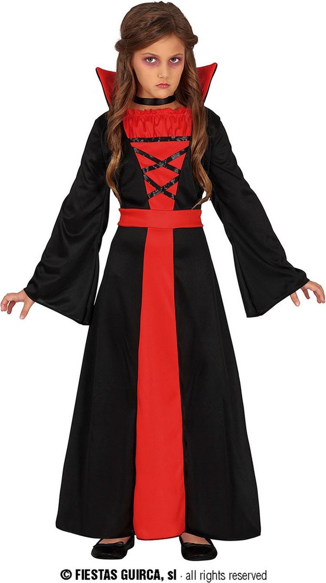 Guirca - Vampier & Dracula Kostuum - Vampier Sylvania De Bloeddorstige - Meisje - Rood, Zwart - 7 - 9 jaar - Halloween - Verkleedkleding