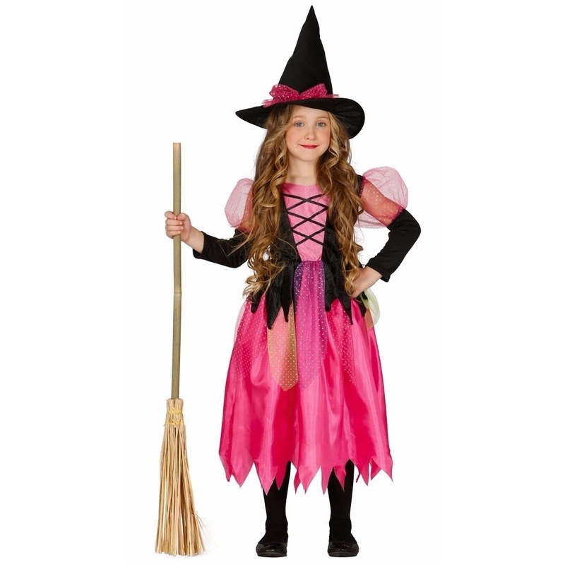 Heksen kostuum/outfit Shiny Witch - voor meisjes - roze - Heksenjurk verkleedkleding 5-6 jaar (110-116) -